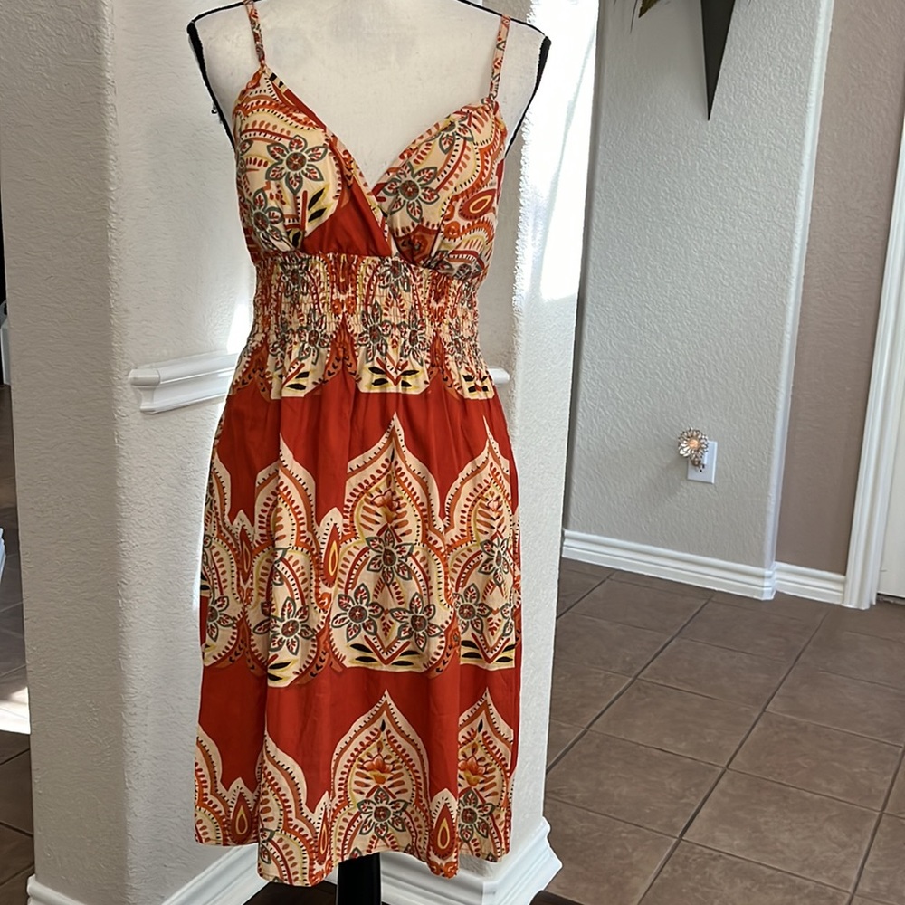 She’s Cool orange & tan spaghetti strap floral boho summer dress Size S